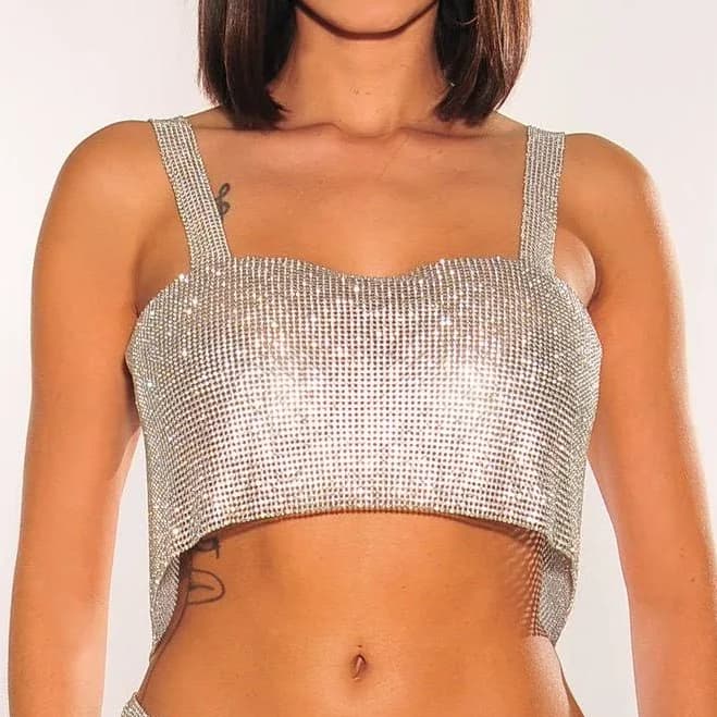 Hot Miami Styles Rhinestone Mesh Chain Crop Top