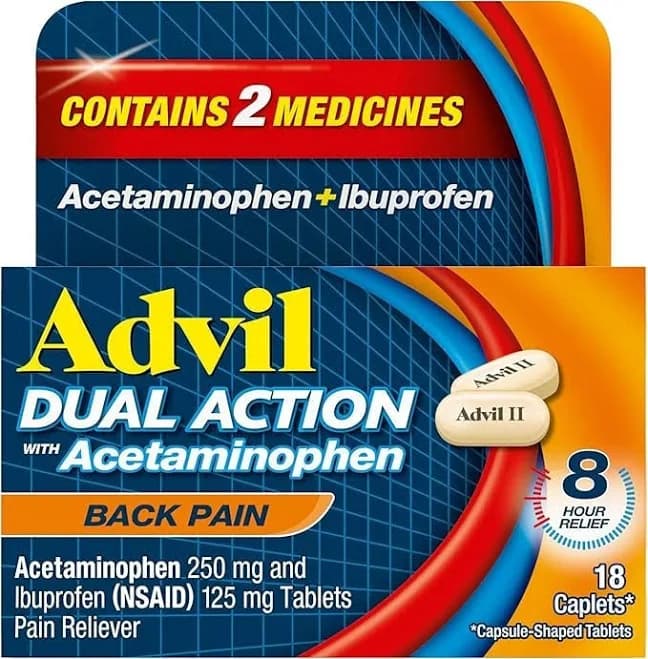 Advil Dual Action Back Pain Caplets Delivers 250mg Ibuprofen And 500mg