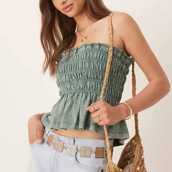 ASOS Shirred Bandeau Top with Broderie Trim