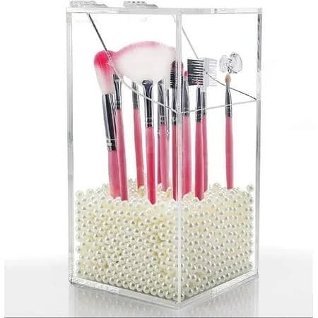 Itta Clear Makeup Brush Holder with Lid and White Pearls