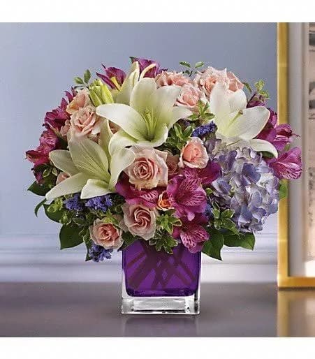 Mixed Flower Bouquet in Purple Vase | Lilies, Roses & Hydrangea | Same Day Delivery