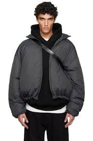 Fear of God ESSENTIALS: Gray Holiday Ripstop Nylon Puffer Down Jacket | SSENSE