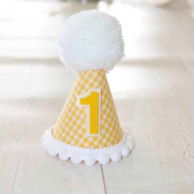 2nd Birthday Party Hat, White with Pom Pom, Yellow Daisy Decorations and Number 2