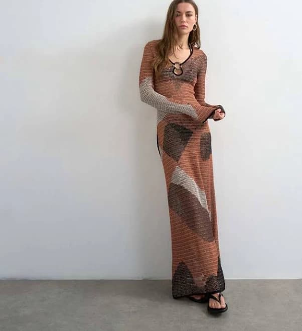 Topshop Knit Abstract Mesh Long Sleeve Maxi Dress