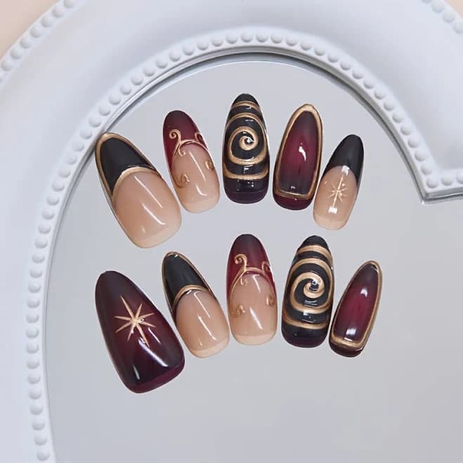 10pcs Medium Almond Press on Nails, Purple French Tip with 3D Golden Line Y2K Vintage Style Glossy Full Cover Fake Nails, Elegant Nail Tips Press on
