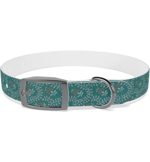 Vintage Teal Botanical Dog Collar, Elegant Floral Vine Pattern, Stylish, Waterproof, Choice of 3 Buckle Options