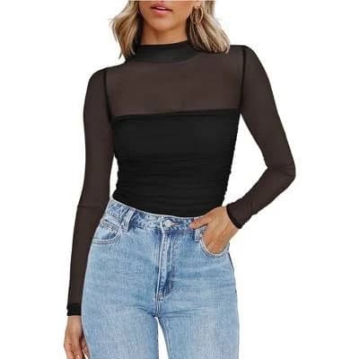 Women's Mesh Sheer Long Sleeve Mock Turtle Neck Top