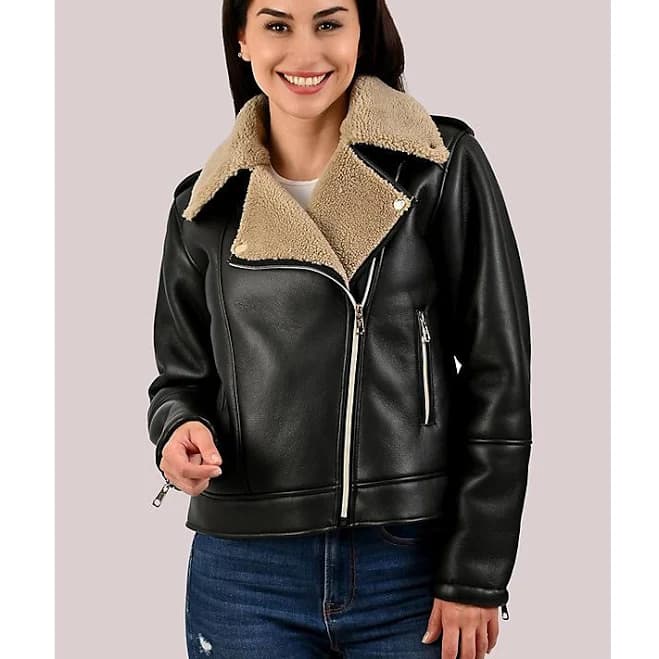 Lee Women's Sherpa Lined Vegan Leather Moto Jacket