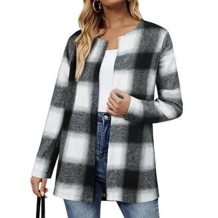 Hubery Women's Open Front Long Sleeve Houndstooth Plaid Cardigan