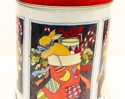 Vintage Round Santa Tin- Christmas Stockings Stuffed With Various Toys, Bright Red Lid, Houston Foods Co., Circa 1993 - Etsy