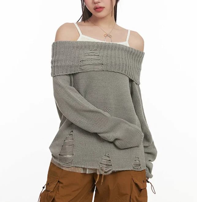 Off-Shoulder Distressed Sweater