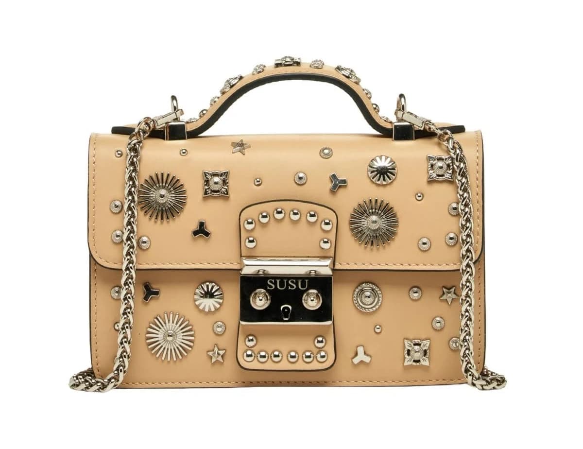 Susu Small Leather Crossbody Bag Studded Purse Top Handle Structured Handbag