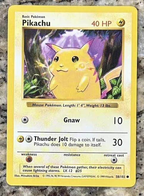 Pokemon Tcg Pikachu 58/102 Base Set (shadowless Yellow Cheek)