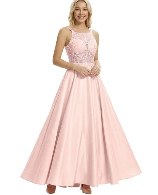 Chicsew Elegant Spaghetti Strap Square Neck Lace Floor Length Prom Dress