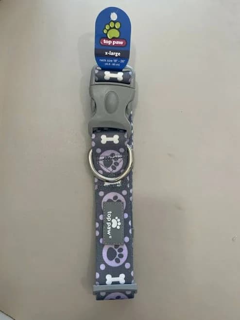 g) Top Paw Adjustable Dog Collar X-Large 18-26” Grey w/ Bones Pawprints