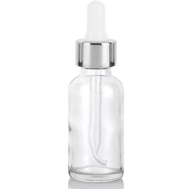Clear Glass Boston Round Bottle with Silver Metal and Glass Dropper