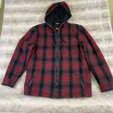 Vans Off The Wall Mens XL Red Black Plaid Quilted Lined Hooded Flannel Jacket