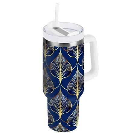 Jstel Art Deco Floral Royal Blue & Gold 40 oz Tumbler Stainless Steel Water Bottle Vacuum Insulated Cup with Straw Lid & Handle For Travel Car Cup