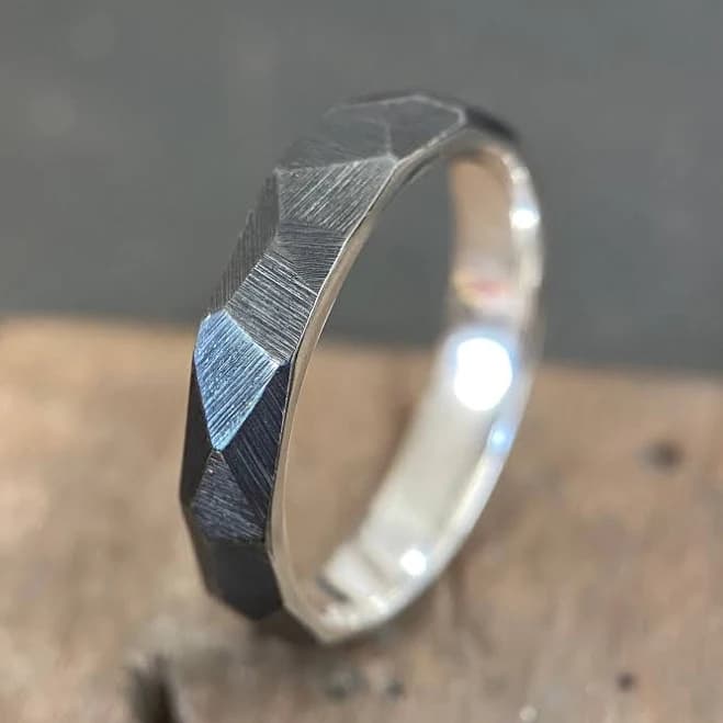 Faceted Argentium Silver Ring Rough Textured Band