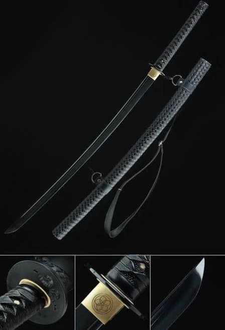 Handmade Japanese Obsidian Katana with Black Blade and Strap