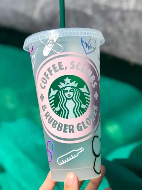 Custom Starbucks 24 oz Clear Plastic Cold Cup for Nurse, Coffee, Scrubs and Rubber Gloves | Plastic | Clear