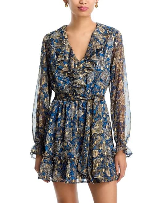 AQUA Women's Metallic Ruffle Trim Boho Dress