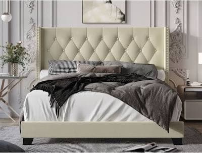 Home Design Brady Tufted Wingback Upholstered Panel Bed Frame