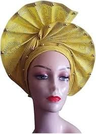 Gold Auto Gele Already Made Headtie African Nigeria for Wedding Women Bonnet Head Wraps - 1piece by MSB fabric color 1394 at Amazon Women's Clothing store
