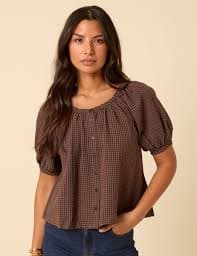 Brown Gingham Puff Sleeve Top