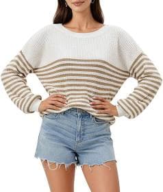 Anna-Kaci Women's Relaxed Fit Striped Knit Sweater with Ribbed Hem