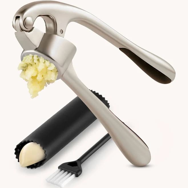 Zulay Kitchen Premium Garlic Press with Soft, Easy to Squeeze Handle - Includes Silicone Garlic Peeler & Cleaning Brush - 3 Piece Garlic Mincer Tool - Sturdy Easy to Clean Garlic Crusher