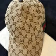 Gucci Tan Monogram Cap with Green and Red Stripe