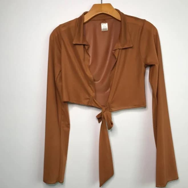 Gonza Swimwear Shirt Small Brown Mesh Tie Front Long Sleeve Crop Top