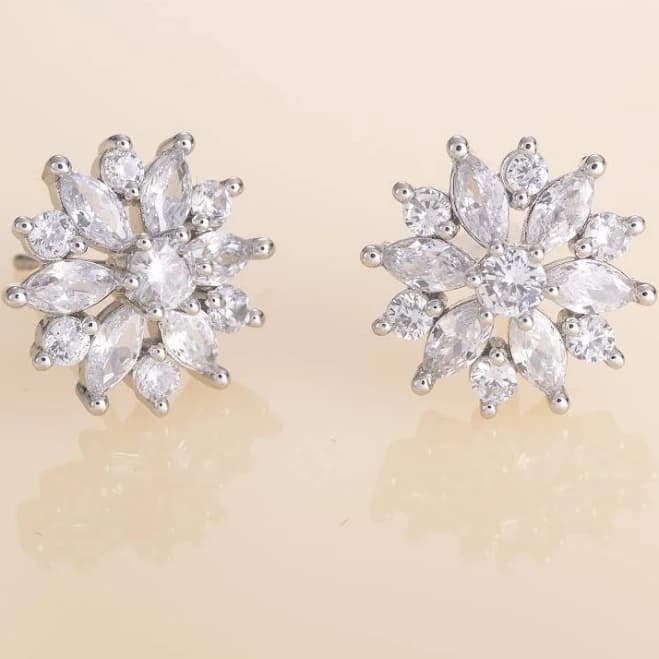 Cubic Zirconia Flower Stud Earrings in Silver