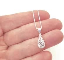 Sterling Silver Filigree Teardrop Charm Necklace, Delicate Dainty Silver Pendant Necklace, Great Gift Idea.