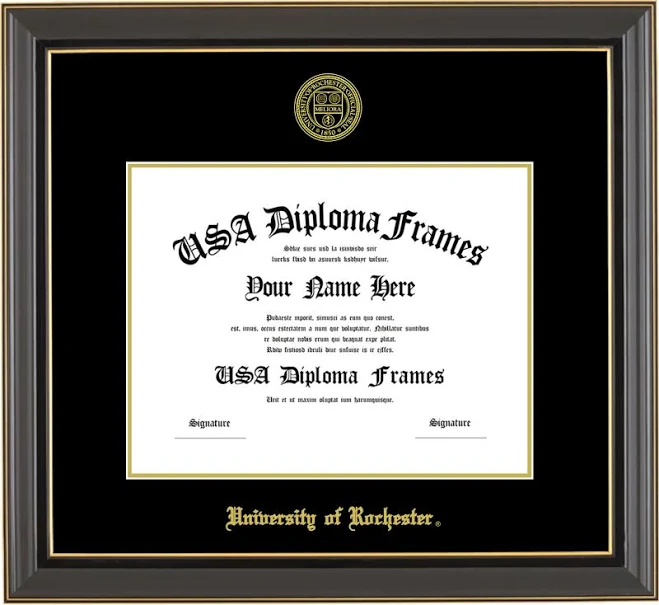 University of Rochester Diploma Frame Black Gold Trim Glossy Black and Gold Mat