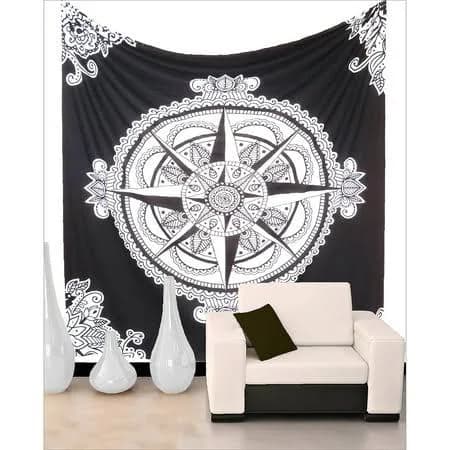 Black and White Mandala Star Patterned Bohemian Tapestry