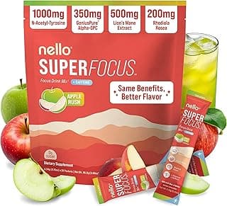 Nello Superfocus – Nootropic Focus Drink Mix for Productivity, Caffeine, L-Theanine, Rhodiola Rosea, Alpha-GPC, Lion’s Mane, Tyrosine, Sugar-Free Packets - With Caffeine (Pack of 20) (20 Servings (Caffeine), Apple Rush)
