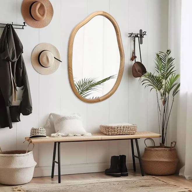 Aenkyo Modern Irregular Wavy Mirror Asymmetrical Wood Frame Decorative Wall Mirror for Bedroom & Living Room