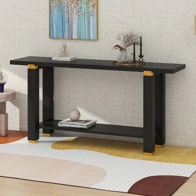 Modern Minimalist Console Table, Entryway Sofa Table With Metal Accents, Built-In Shelf Cosmic Color: Black