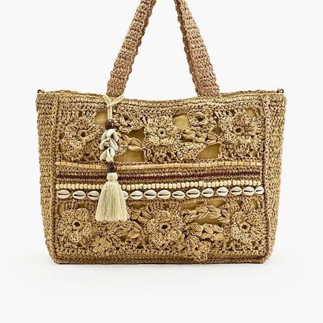 Bali Beaded Shell Raffia Tote