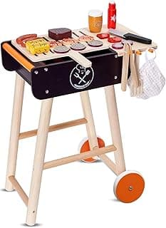 Wooden Play Barbecue Toy Grill, Kids BBQ Grill Playset with Play Food and Grilling Tools, Kids Cooking Sets, Outdoor Play Kitchen Set, Pretend Play Kitchen Accessories Toddlers Age 3+