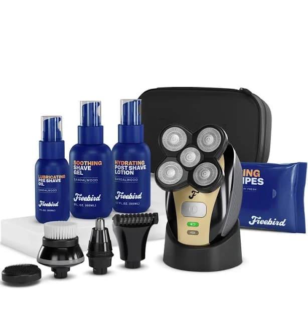 Freebird Best Buzz Kit – Complete Head Shaving & Grooming Set for Men, Cordless Waterproof Rotary Razor with Skincare Essentials & Travel Accessories