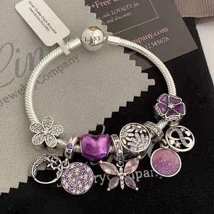 Linx 925 Sterling Silver Snake Chain Bracelet with Purple Themed Charms