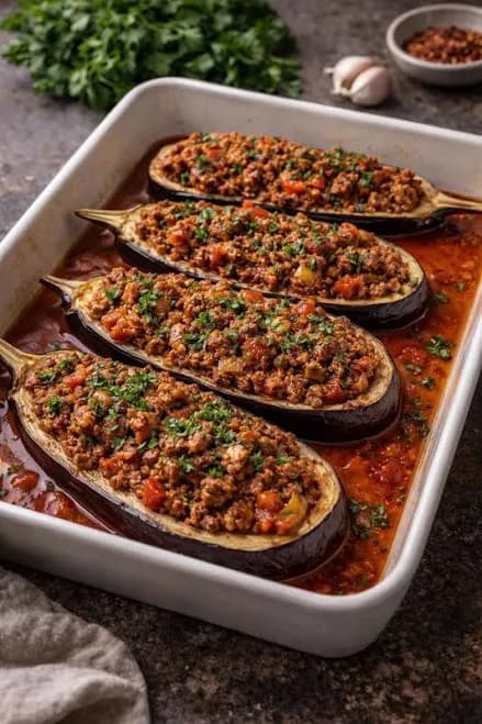 Stuffed Eggplants with Ground Meat - Easy Mediterranean Baked Eggplant Recipe - Authentic Comfort Food PDF Download