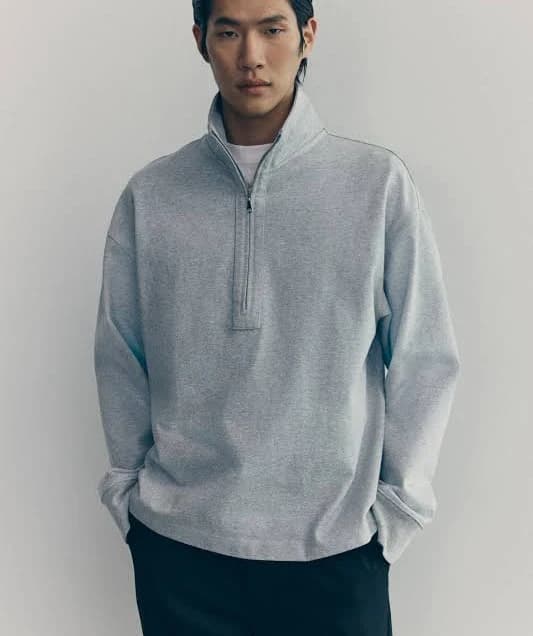Men h&m Gray melange Cotton Half-Zip Sweatshirt