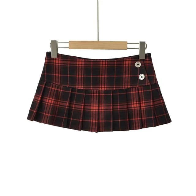 Asiris Low Rise Pleated Plaid Mini A-Line Skirt