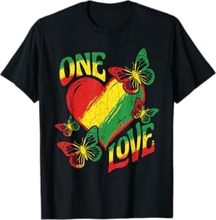 One Love Rasta Heart Red Yellow Green Reggae Butterfly Roots T-Shirt