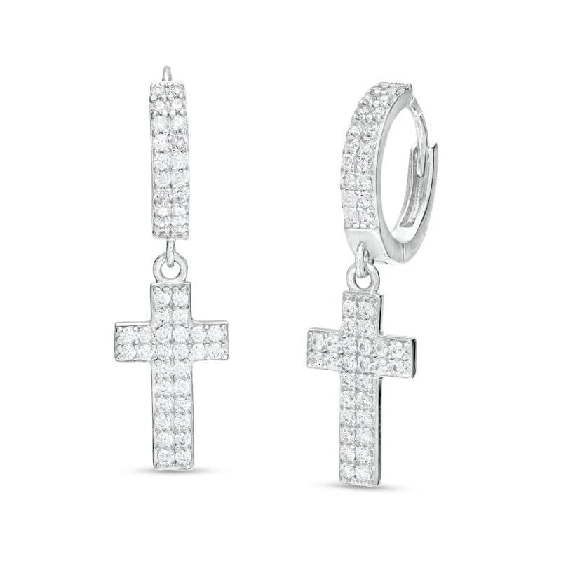Sterling Silver Cubic Zirconia Double Row Cross Drop Earrings