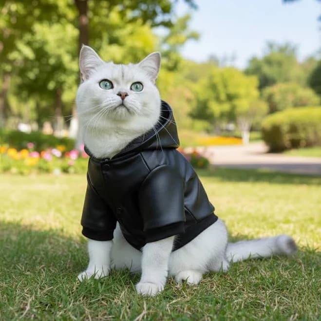 Black Genuine Leather Cat Jacket | Hooded Zip Front Feline Coat | Weather Blocking Outdoor Dog Outerwear | Stylish Outdoor Pet Jacket